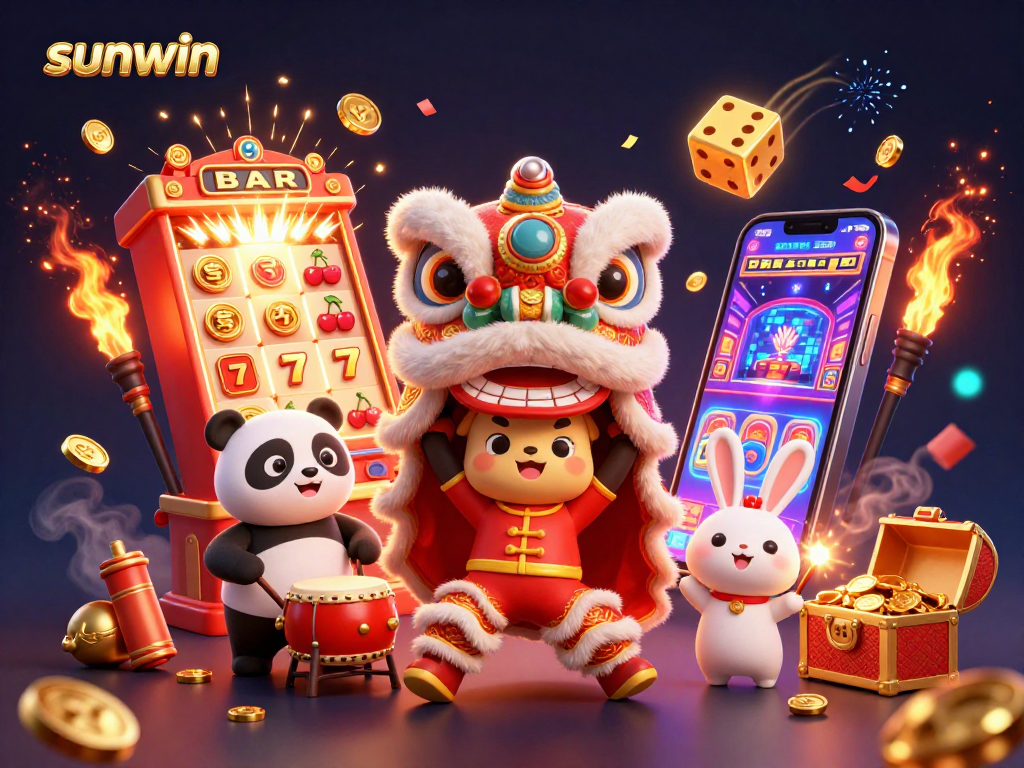 Win jackpots at sunwin with vibrant lion dancers in a dynamic casino atmosphere.