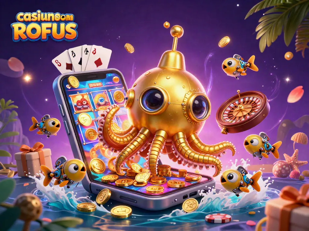 Play exciting slots at casino uden om ROFUS with a vibrant underwater scene featuring a golden kraken and gaming elements.