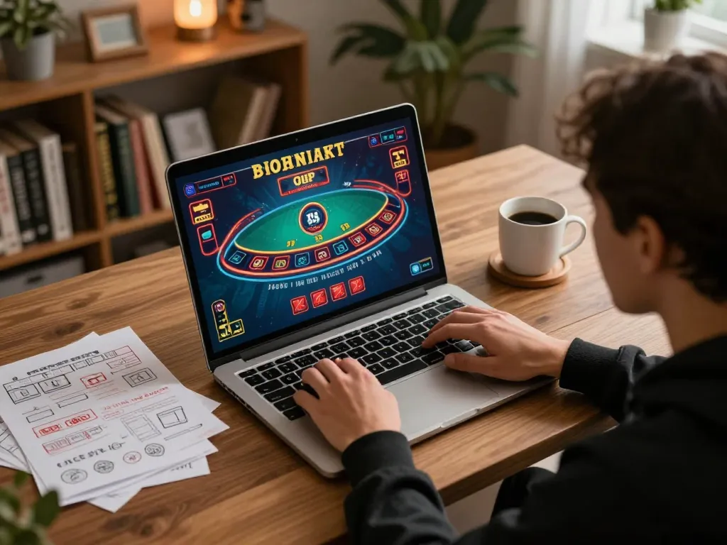 Playing online blackjack on 98win, showcasing game interface with strategic notes nearby.