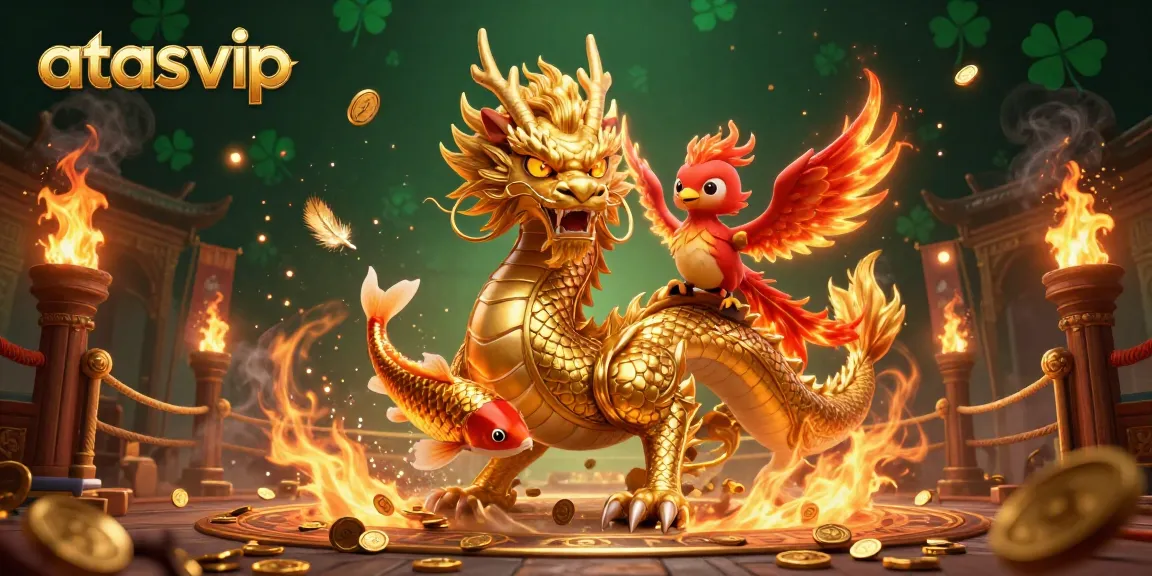 Engage with thrilling games at atasvip, showcasing a vibrant dragon and phoenix in a dynamic casino scene.