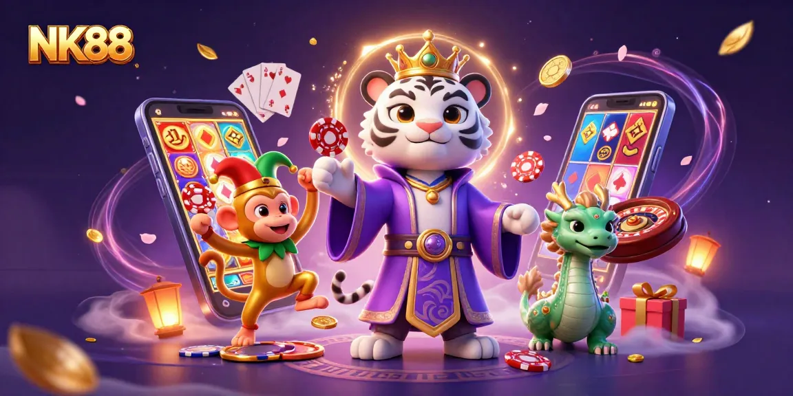 Join the excitement at NK88 with a lively scene of characters enjoying a vibrant casino atmosphere.