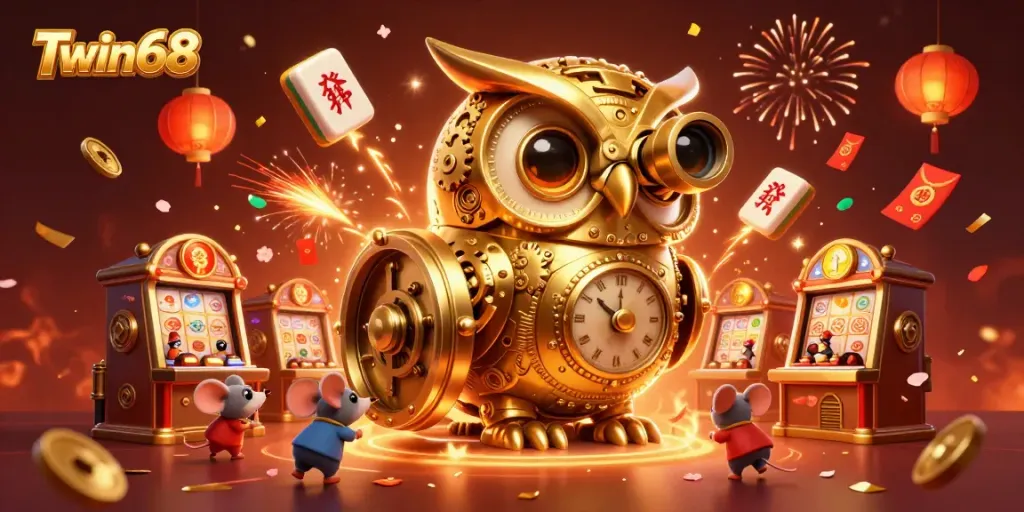 Experience the captivating allure of Twin68 with a vibrant 3D illustration showcasing a golden owl and mouse patrons in a lively casino scene.