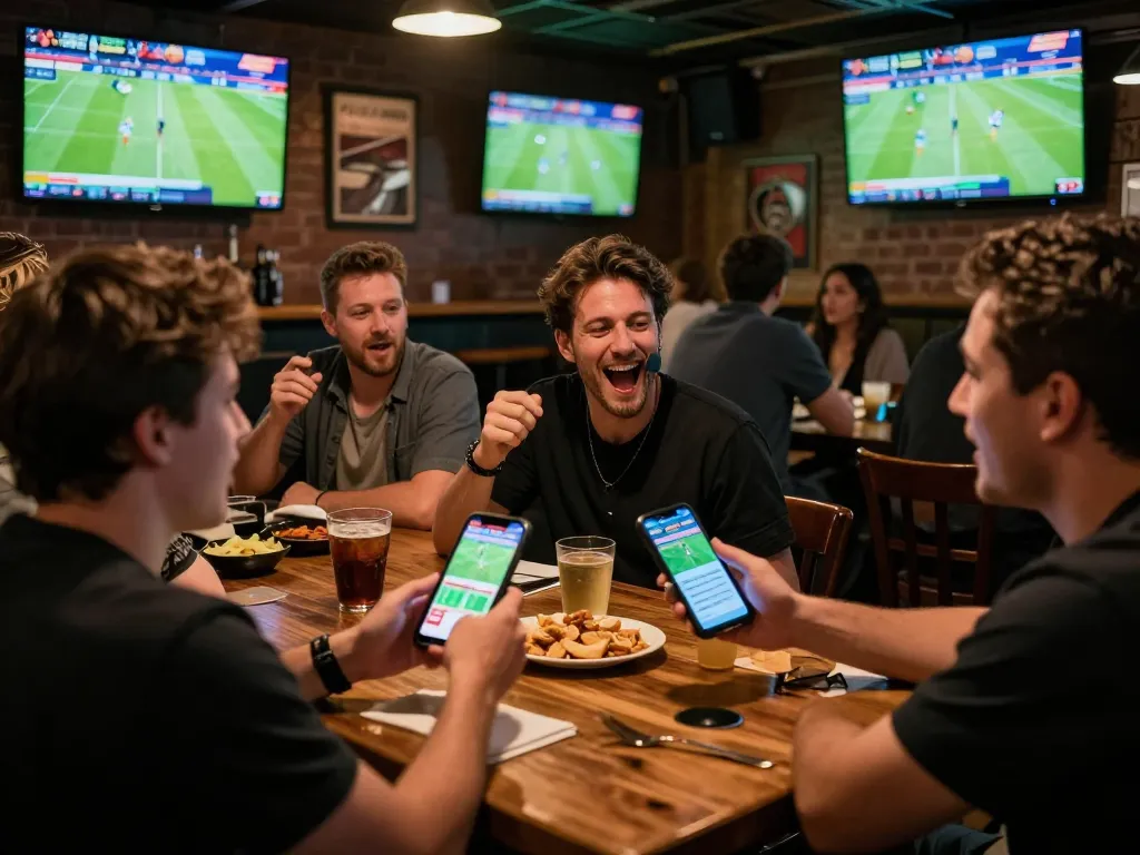 SV368 users engaging in live sports betting while celebrating at a pub with friends