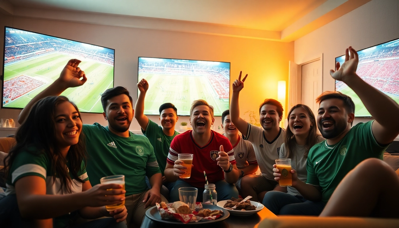 Xoilac TV fans enjoying a live football match in a cozy setting with HD screens.