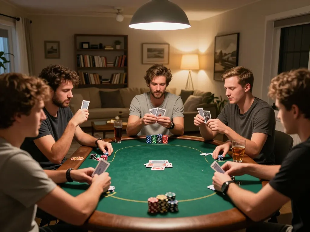 Socolive trực tiếp poker game at home with friends, vibrant atmosphere filled with excitement and enjoyment.