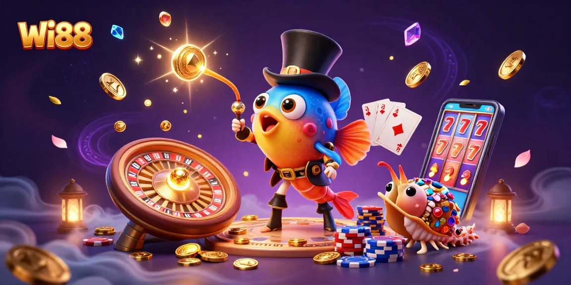 Experience thrilling wins at Wi88 with a scene of deep-sea treasures, gaming elements, and vibrant casino energy.