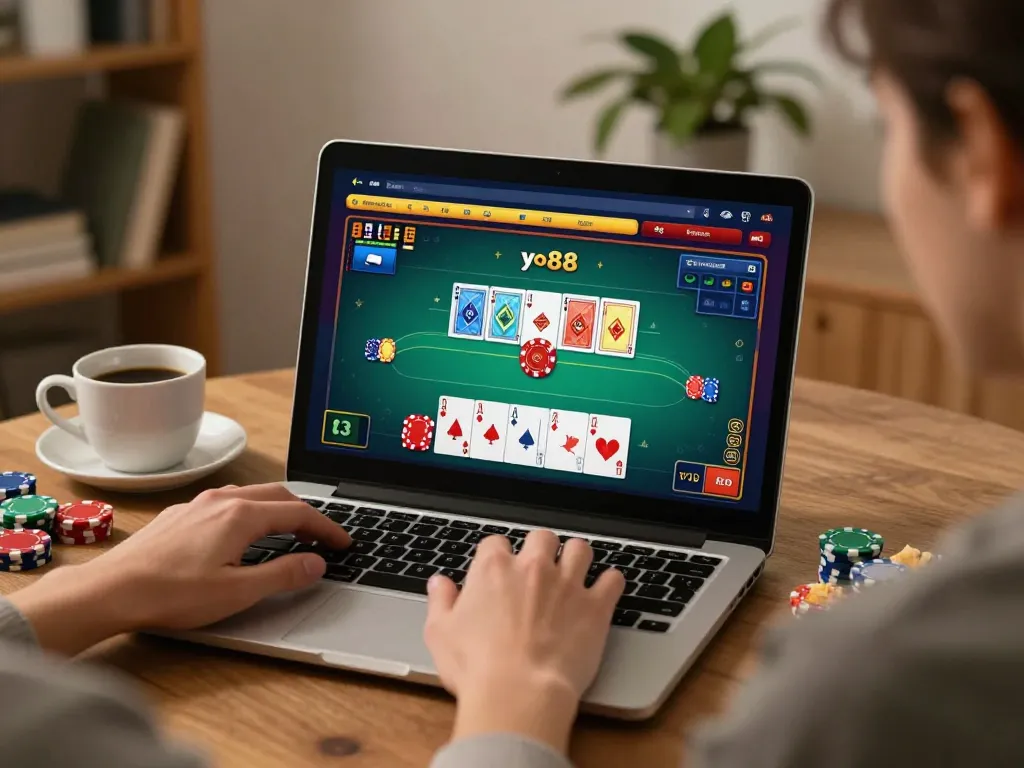 Engage with yo88 poker gameplay at home in a cozy gaming setup with vibrant visuals.