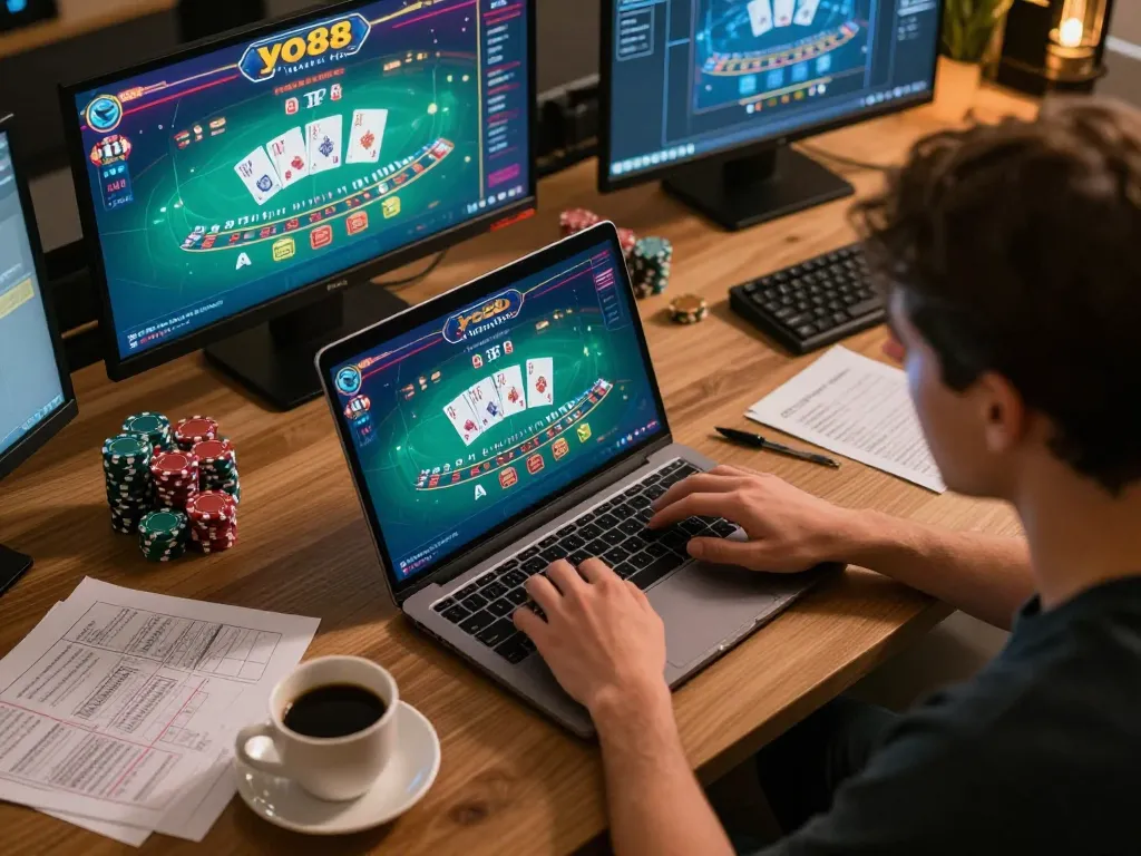 Engage with yo88 blackjack at home, showcasing an intense online gambling scene with player interaction.