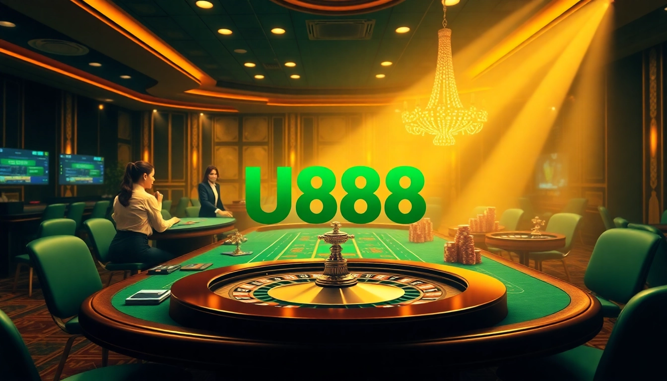 Action at a U888 casino gaming table with vibrant chips and a roulette wheel.