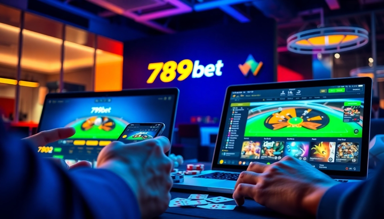 Engaging online betting scene featuring 789bet logo on various devices, symbolizing excitement and trust.