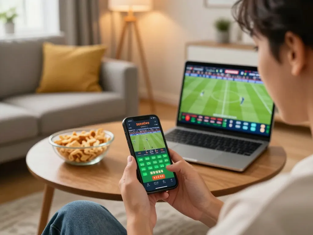Socolive trực tiếp sports betting moment, engaging user placing a bet on a smartphone at home.