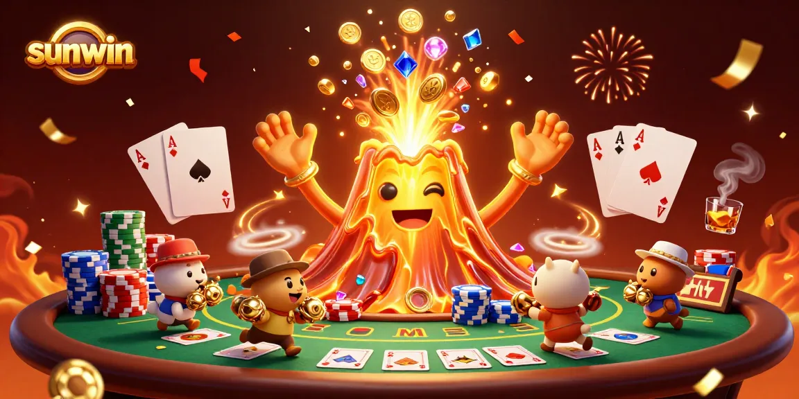 Engage with sunwin's thrilling casino adventure featuring a volcano erupting treasure and poker excitement.