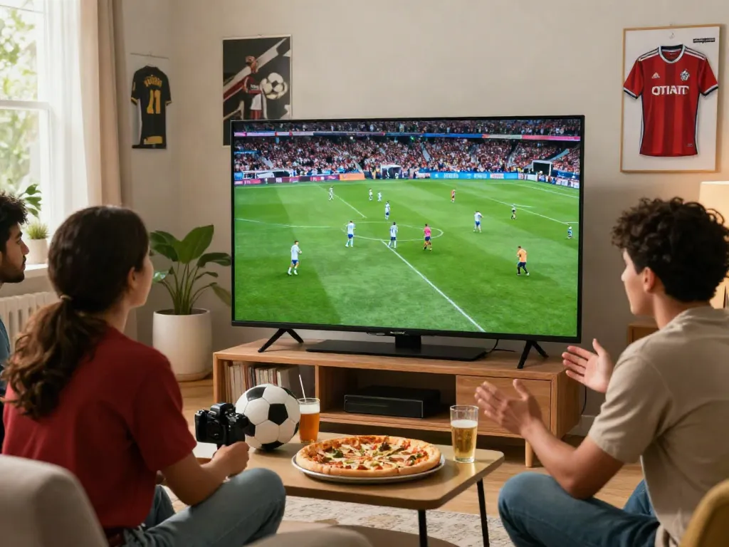 A soccer fan enjoying a live match on socolive8.media with friends in a decorated living room.