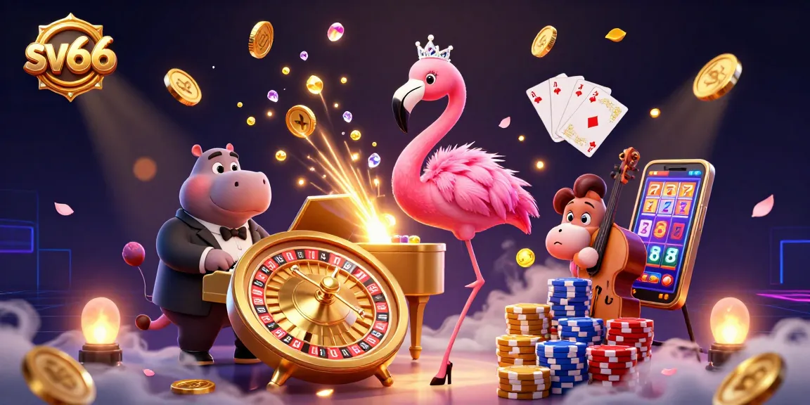 Experience high-stakes action at SV66 with a vibrant casino scene of characters celebrating big wins.