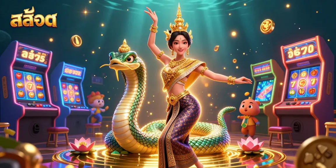 Spin สล็อต reels with a Thai dancer and vibrant elements in a lively casino setting.