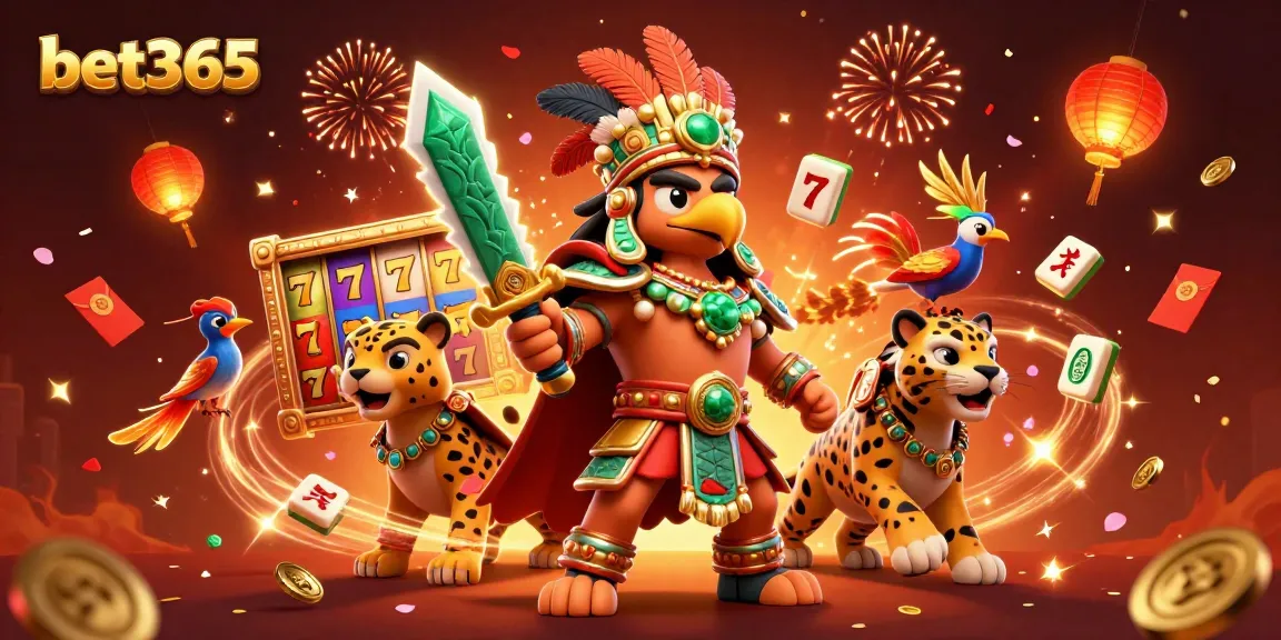 Bet365 jackpot celebration featuring a 3D Aztec warrior and lucky symbols with vibrant colors.