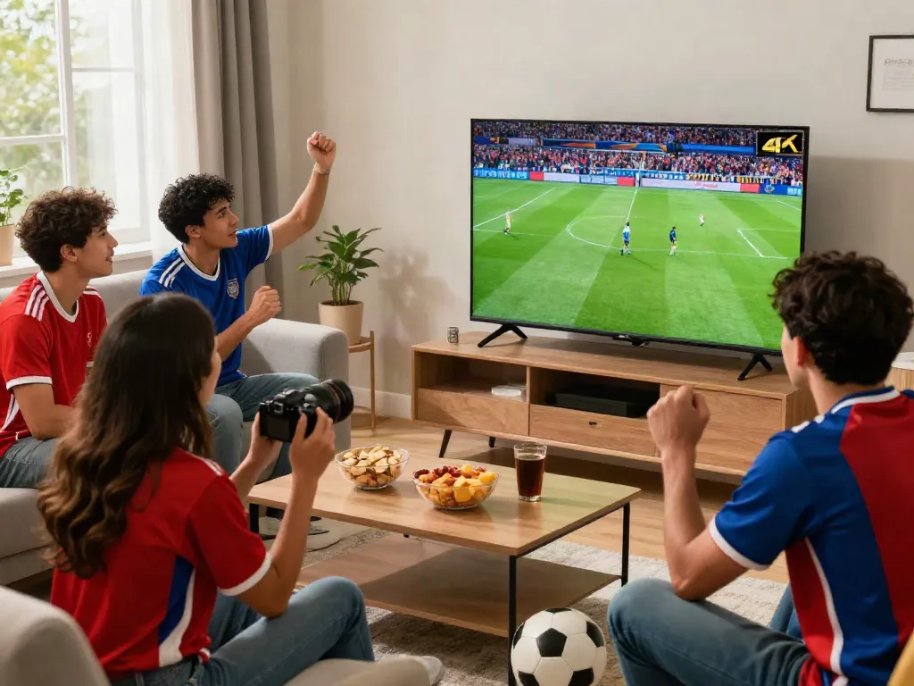 Excited fans enjoying a live soccer match on socolivekz.uk in a cozy living room.