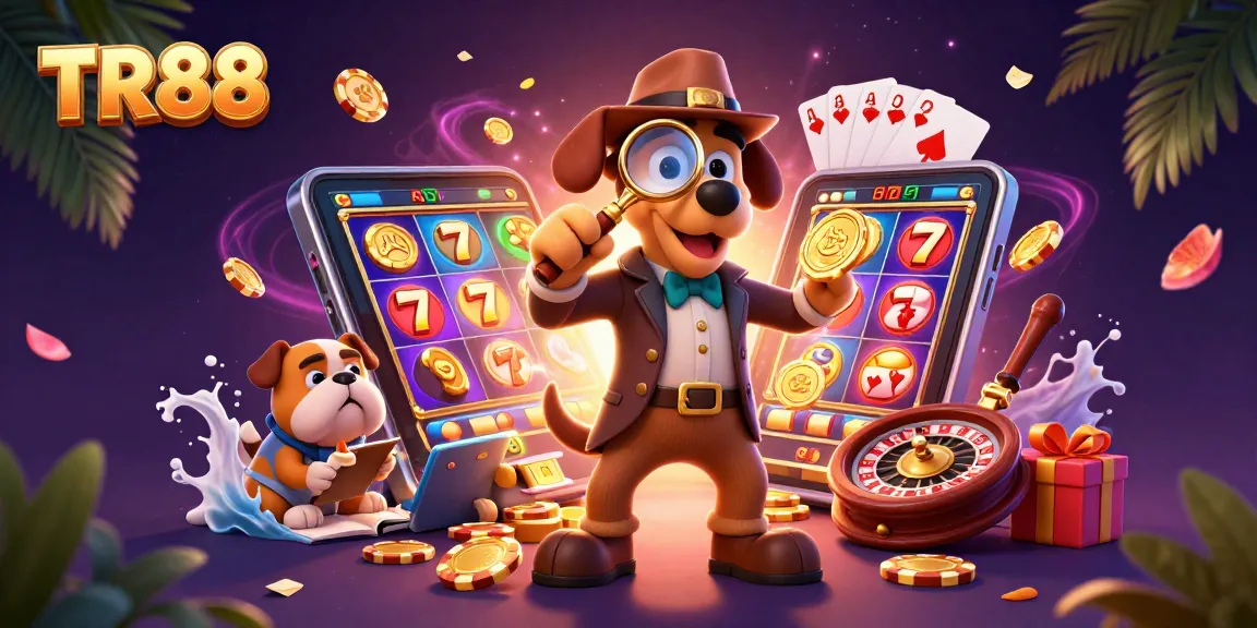 Spin and win with TR88 as characters find clues in a vibrant, action-packed casino scene.