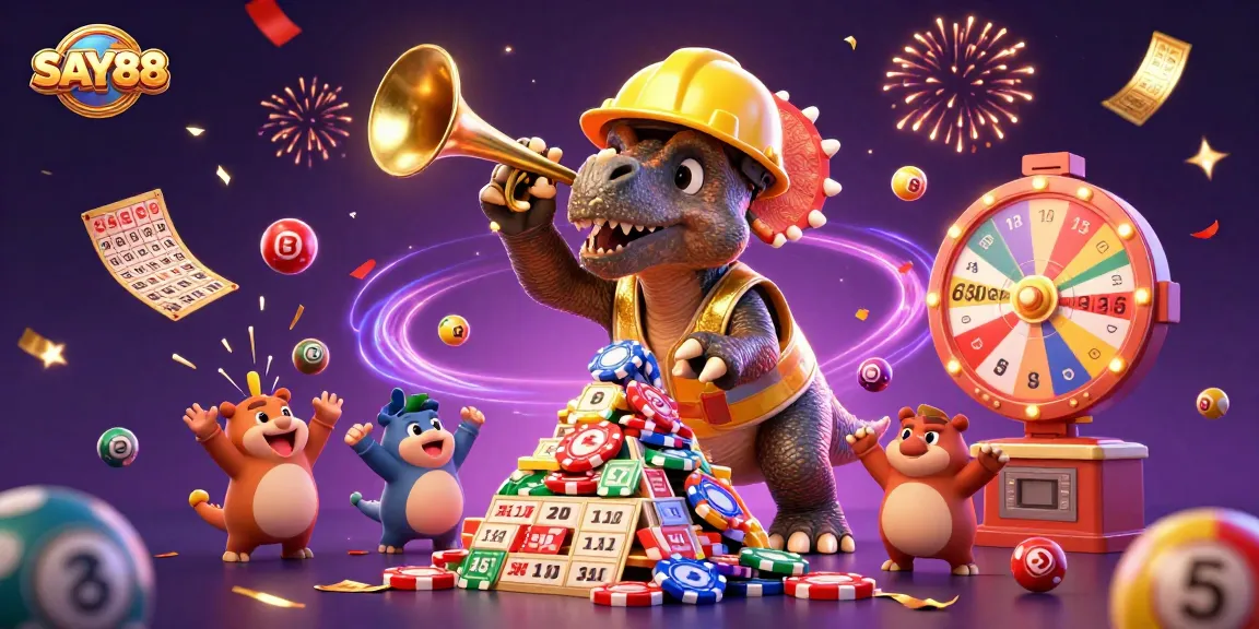 SAY88 and friends celebrate as the triceratops builds a pyramid of poker chips, showcasing a dynamic casino scene.