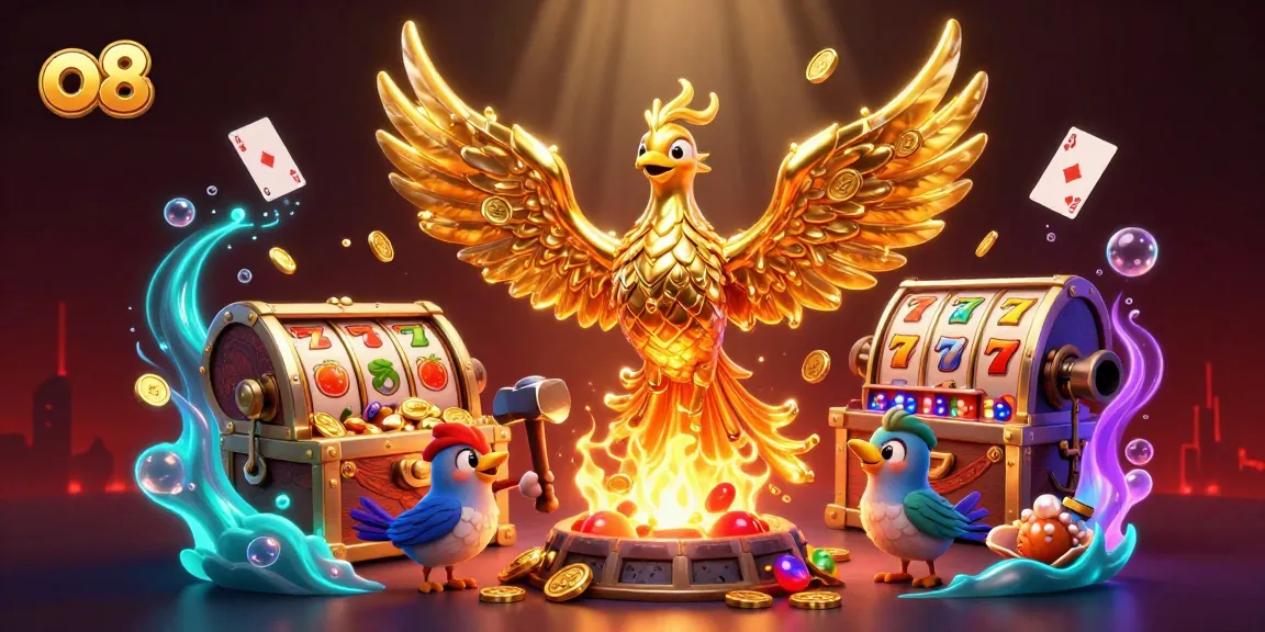 Experience the thrill of winning with O8's rich online casino games featuring a golden phoenix and vibrant treasures.