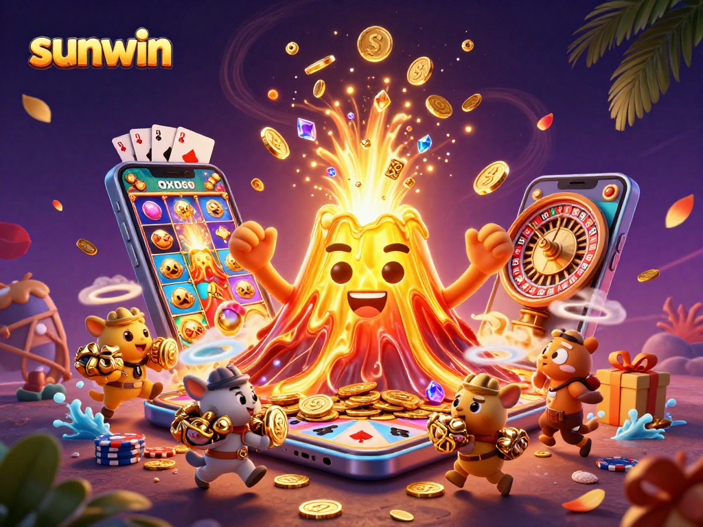 Experience sunwin's thrilling fortune with a golden volcano erupting treasures and vibrant gaming excitement.