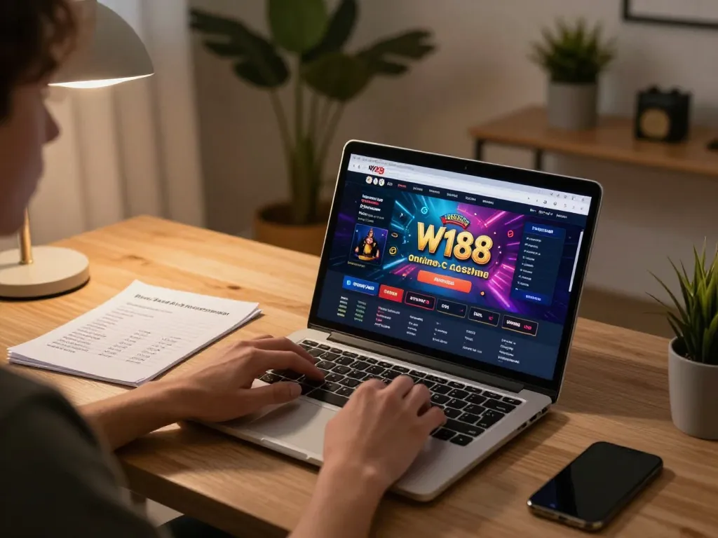Engaging in online gaming on W188 platform while managing bankroll and strategy notes at home.