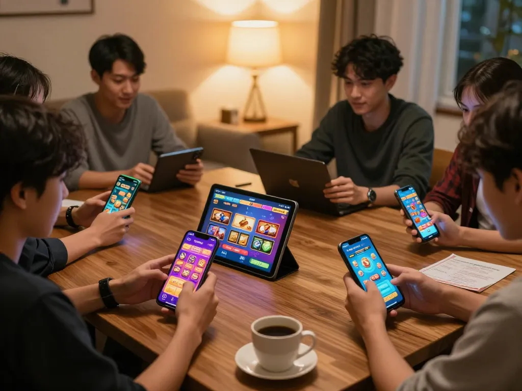Players engaging in the Sunwin app for online gambling in a cozy home setting.