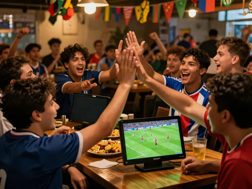 Soccer fans enjoying a thrilling match at a sports bar while watching gà vàngtv on big screens.