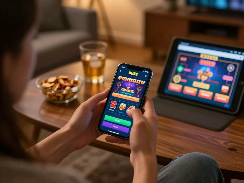 Player engaging with the DU88 app on a smartphone amid a cozy home setup.