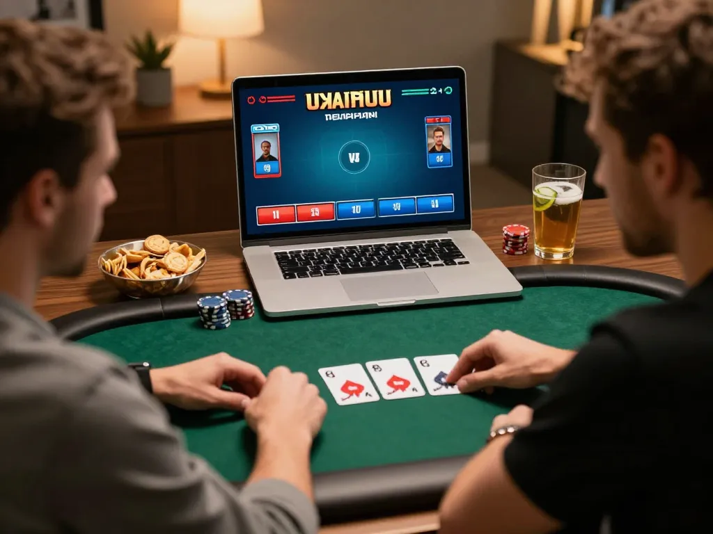 VA88 player strategizing during an online poker session in a cozy home setting.