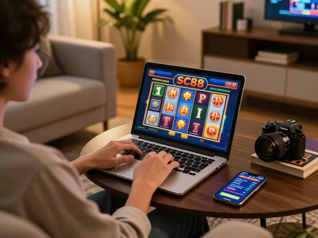 Player enjoying SC88 slots on a laptop in a cozy online gaming setup, showcasing responsible entertainment.
