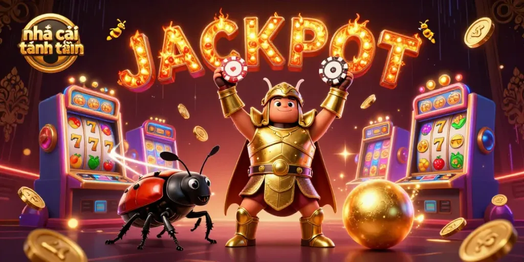 Nha cai tang tien showcasing a hercules beetle victoriously lifting a poker chip, surrounded by slots and gold coins.