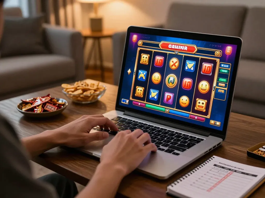 Engaging in online gaming at https://nk88.moe/, player enjoying slot machine thrill at home