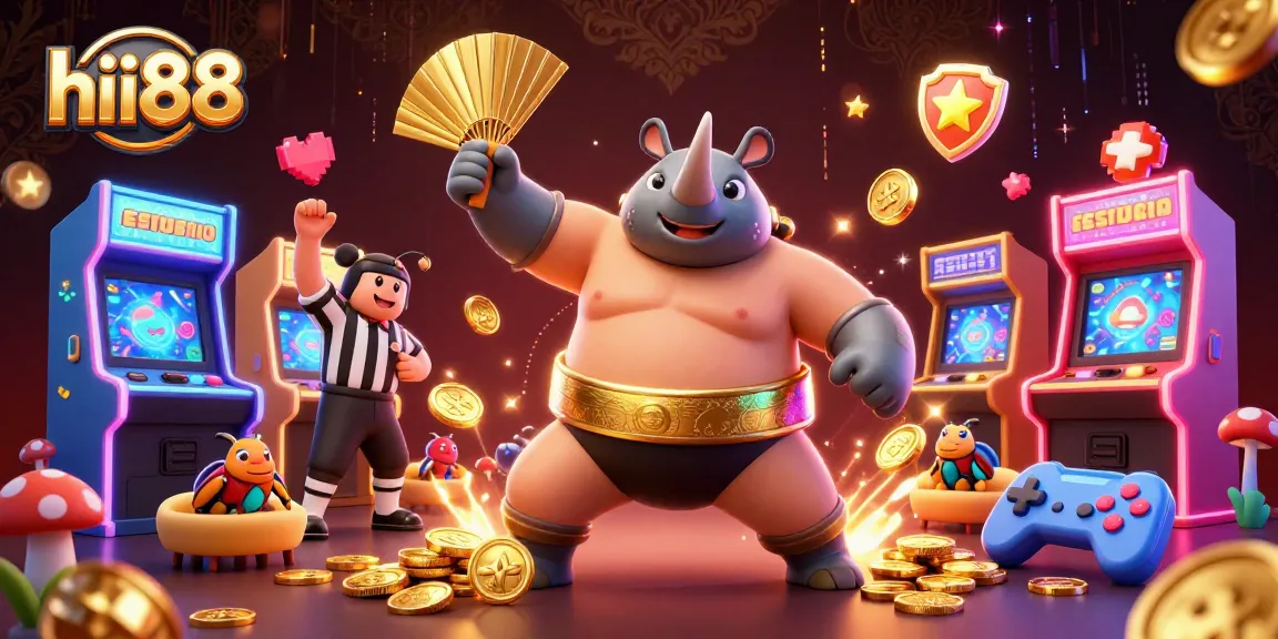 Engage with exciting games at hii88, featuring a majestic rhino beetle champion amidst gold coins.