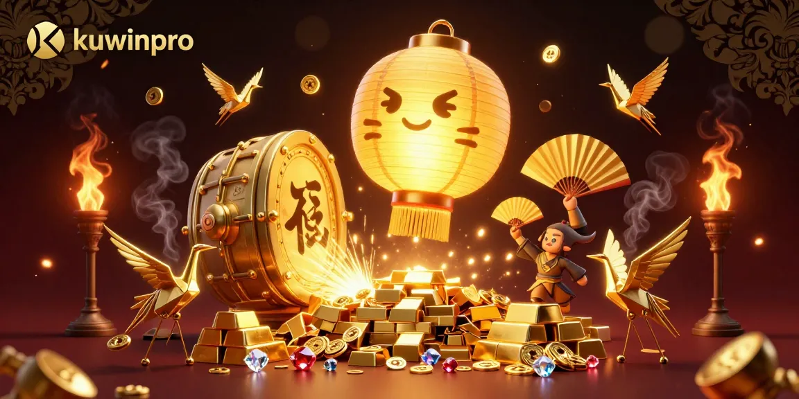 Engage with kuwinpro's vibrant casino scene featuring a golden lantern spirit and treasures.