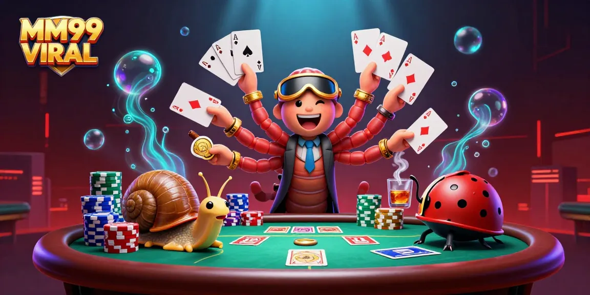 Engage in thrilling poker action at MM99 VIRAL with colorful chips and a vibrant dealer.