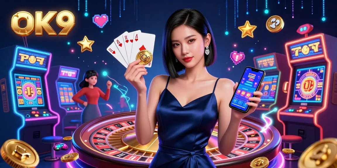 Win big at OK9 with vibrant casino games illustrated in a lively 3D scene.