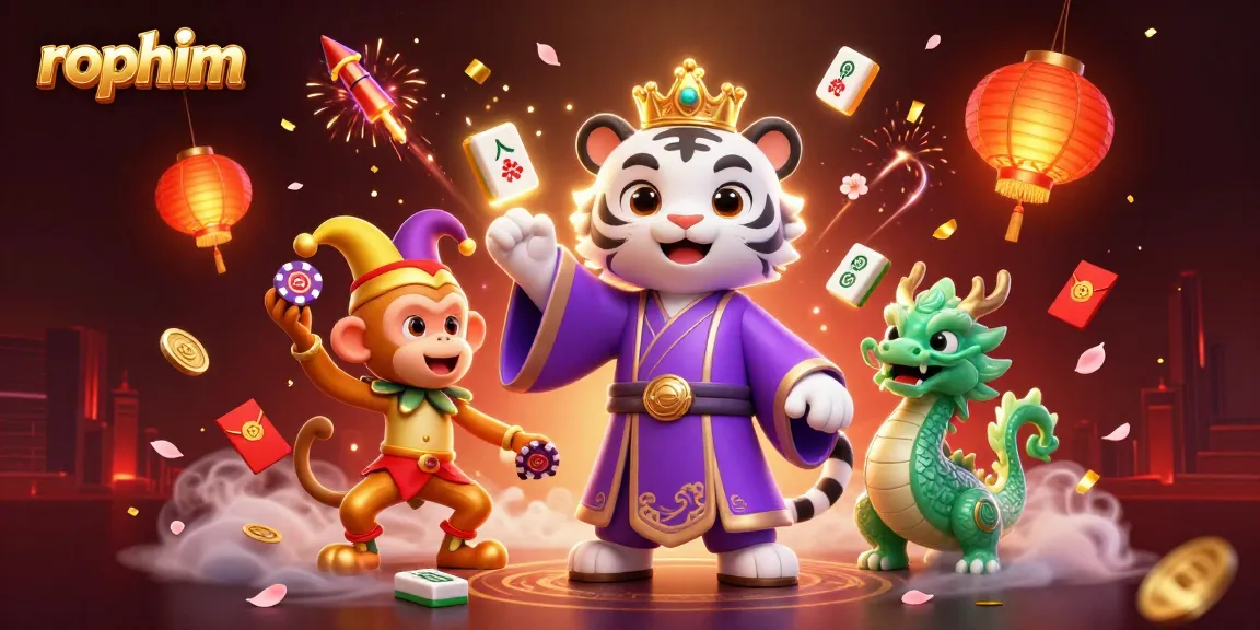 Experience the thrill of rophim with a lively 3D illustration showcasing a tiger, monkey, and dragon amidst casino themes.