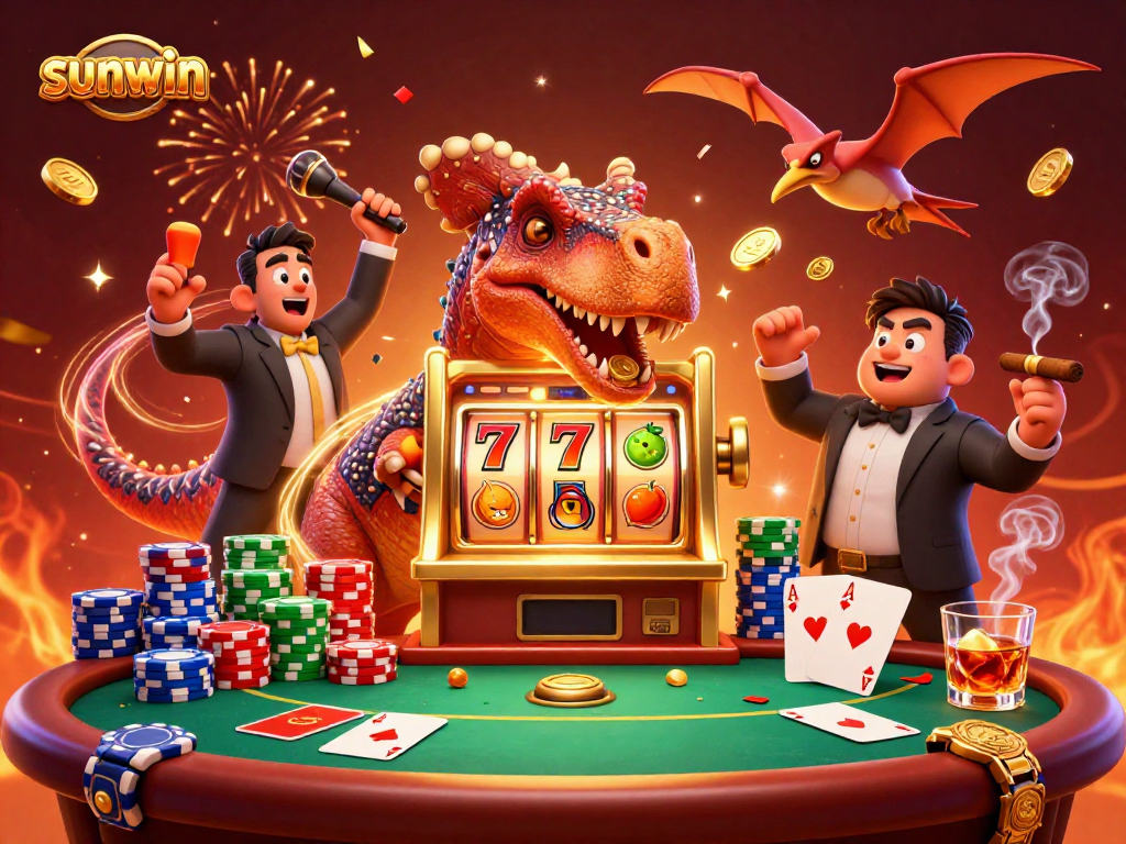Experience sunwin's thrilling jackpot scene with dinosaurs and colorful slot machines raining coins.