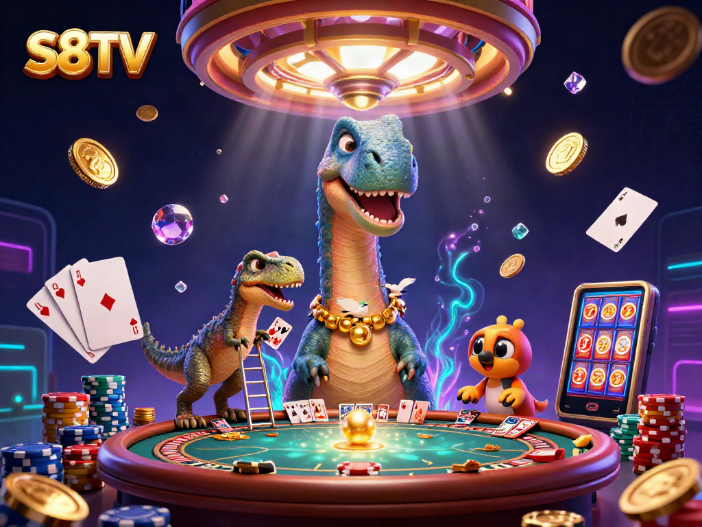 S8TV delivers an exciting 3D gambling adventure with animated dinosaurs at a poker table.