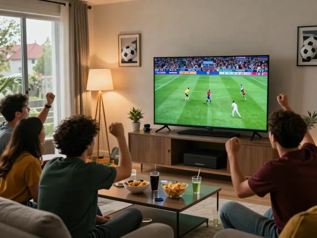 Friends enjoying a football match on cakhiatvvn.jpn.com in a lively living room.