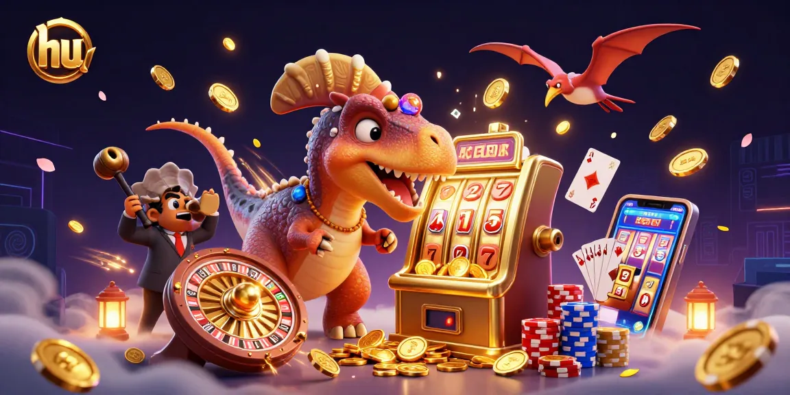 Catch flying coins at hu's jackpot slot machine in this lively casino scene.