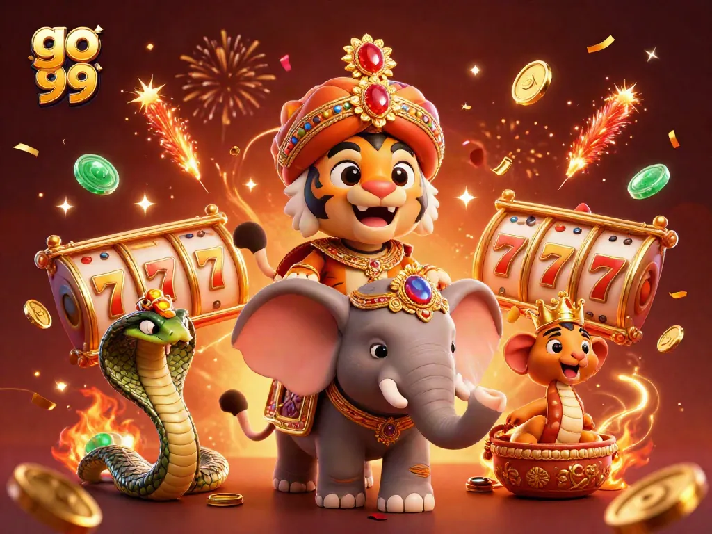 Experience the excitement of go 99 with vibrant slot reels bursting around the rich characters in this 3D casino illustration.