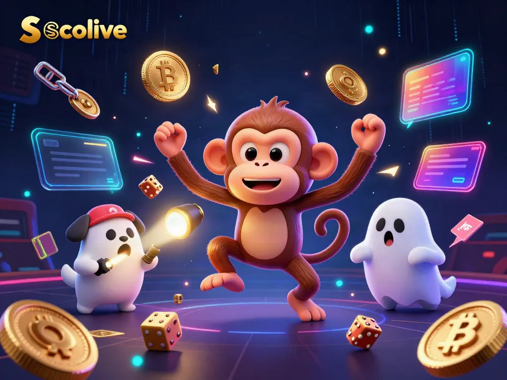 Experience the excitement of Socolive as a curious ghost-hunter puppy tracks a playful poltergeist monkey juggling gold coins in a haunted casino.