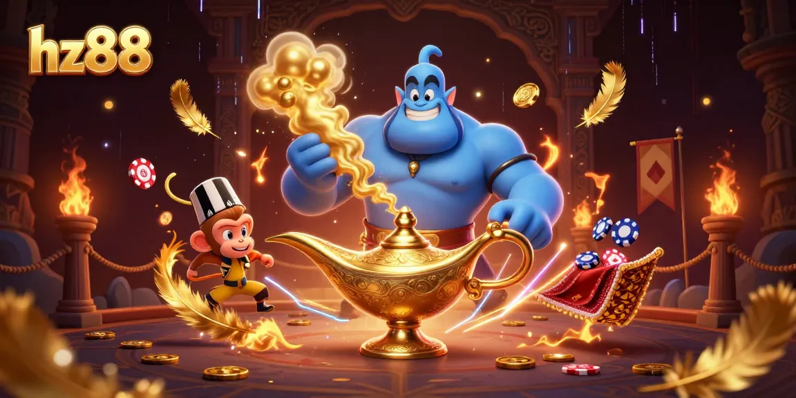 Engage in thrilling gameplay with hz88 featuring a magical genie, poker chips, and vibrant casino elements.
