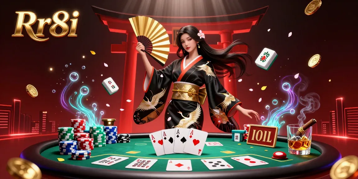 Experience action-packed poker with Rr8i's vibrant illustration showcasing elegance and excitement in a casino setting.