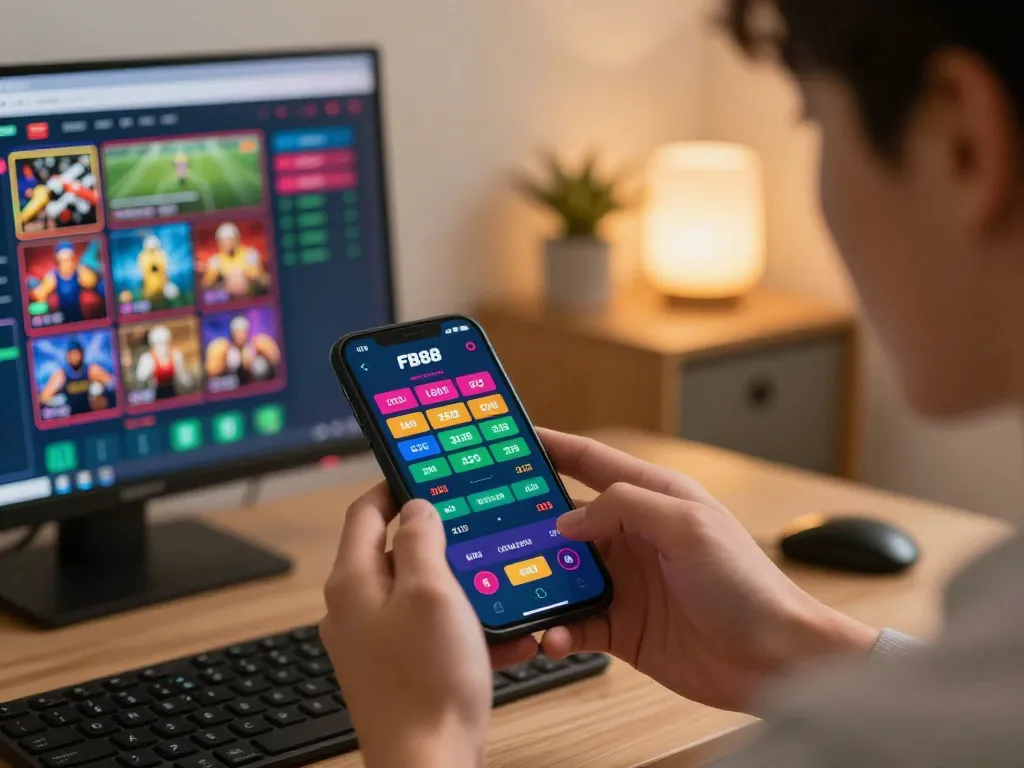 Engaging in live betting on FB88 with a smartphone in a cozy home setup.