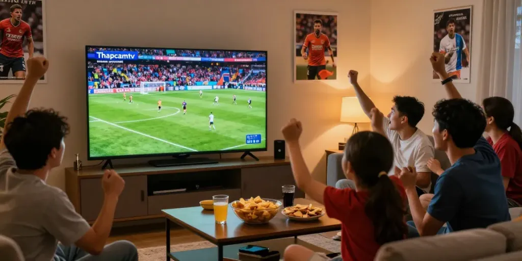 Fans enjoying a live football match on Thapcamtv.ac in 1080p quality, celebrating a goal with excitement.