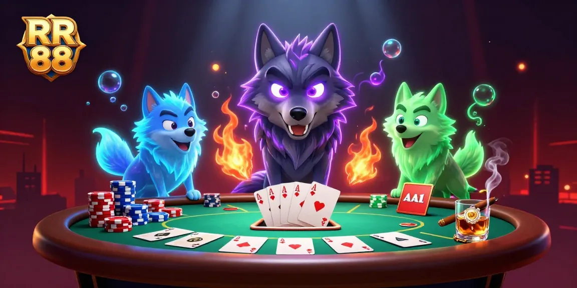 Engage with RR 88's immersive poker scene featuring shadow wolves and vibrant game elements.