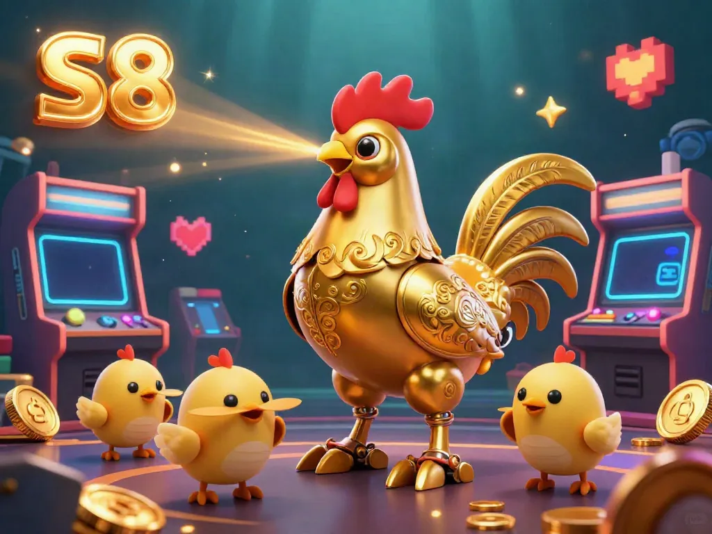 Experience S8's golden rooster robot and baby chick drones in a vibrant arcade casino scene.